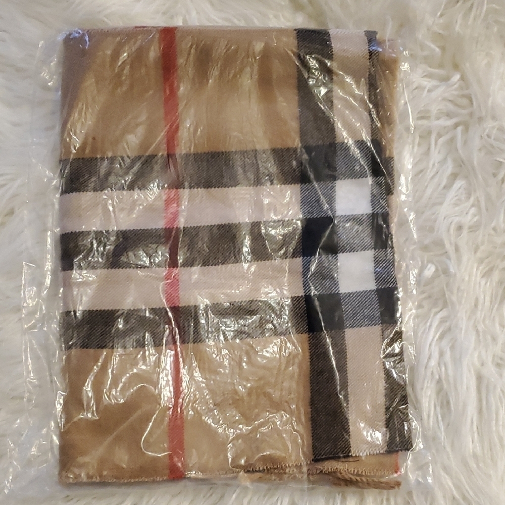 New Clara Clark Tan and Black Plaid Scarf - Picture 2 of 5